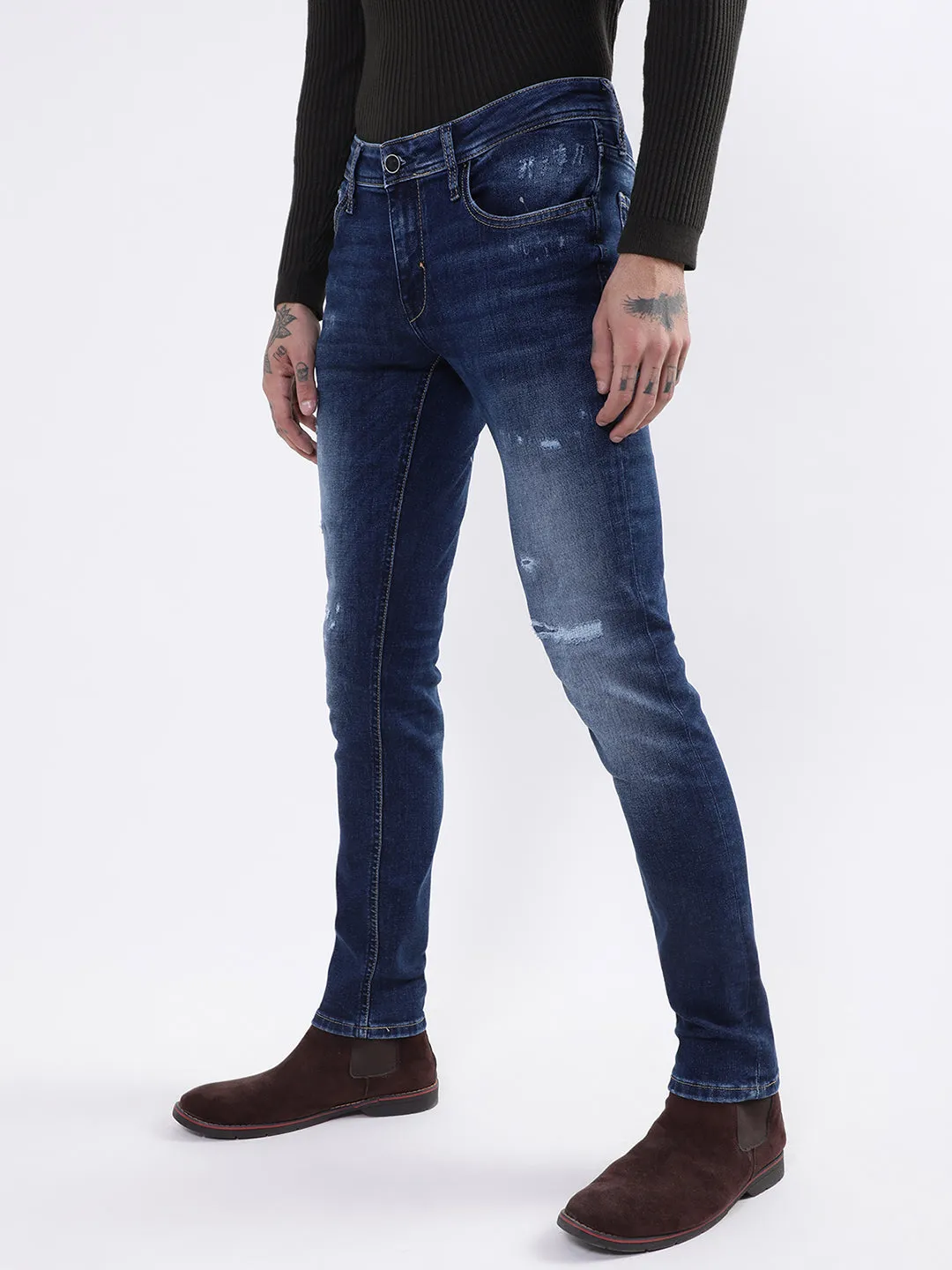 Antony Morato Men Blue Tapered Fit Low Distress Heavy Fade Stretchable Jeans