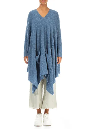 Asymmetric V-Neck Petrol Blue Wool Jumper