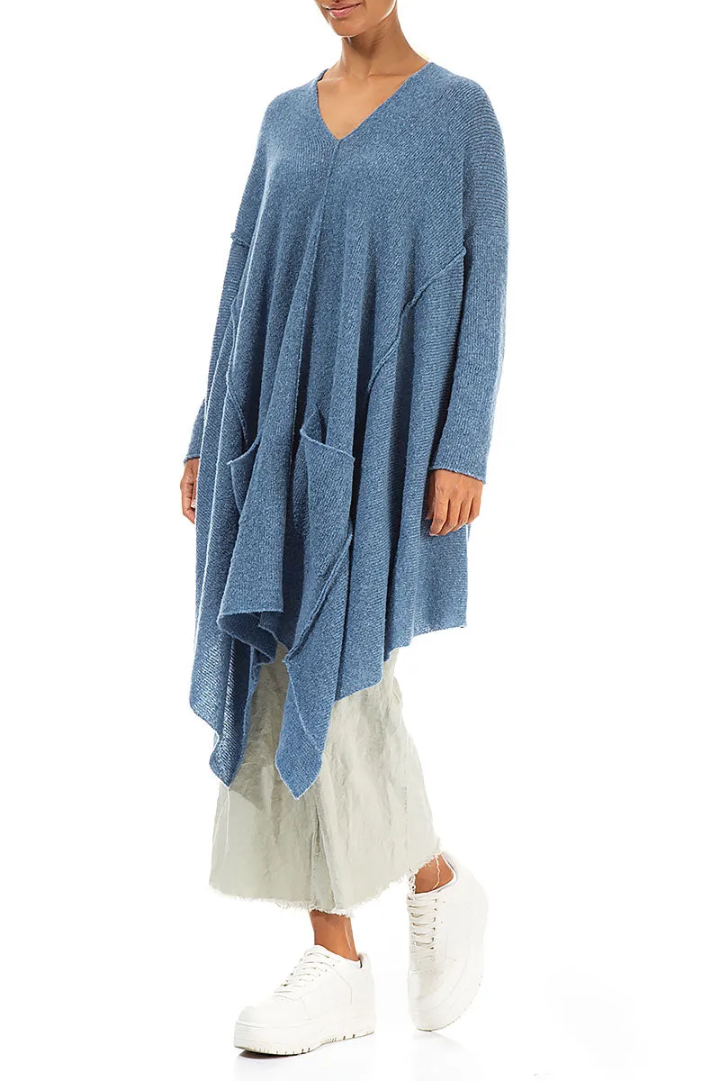 Asymmetric V-Neck Petrol Blue Wool Jumper