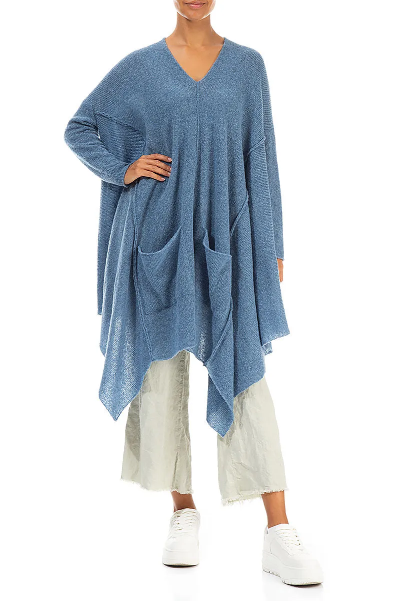 Asymmetric V-Neck Petrol Blue Wool Jumper