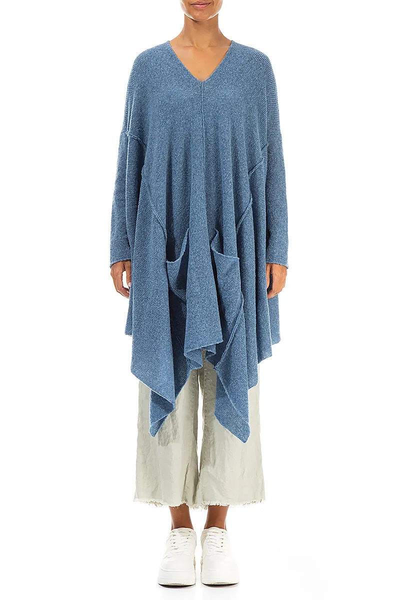 Asymmetric V-Neck Petrol Blue Wool Jumper