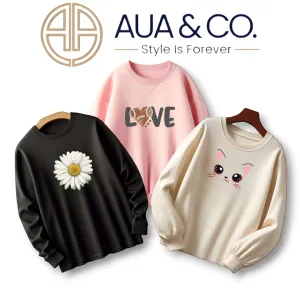 AUA&CO Pack Of 3 Women Sweatshirts - Black, Pink, Cream Beige With Unique Prints 🌸 |