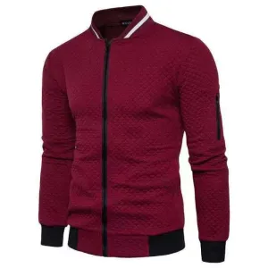 BAZO Design Men's Fashion Premium Quality Burgundy Red & White Stripe Zipper Sweater Jacket