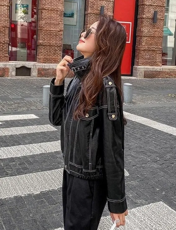 Black Outerwear Women's Fashion Leather Jacket