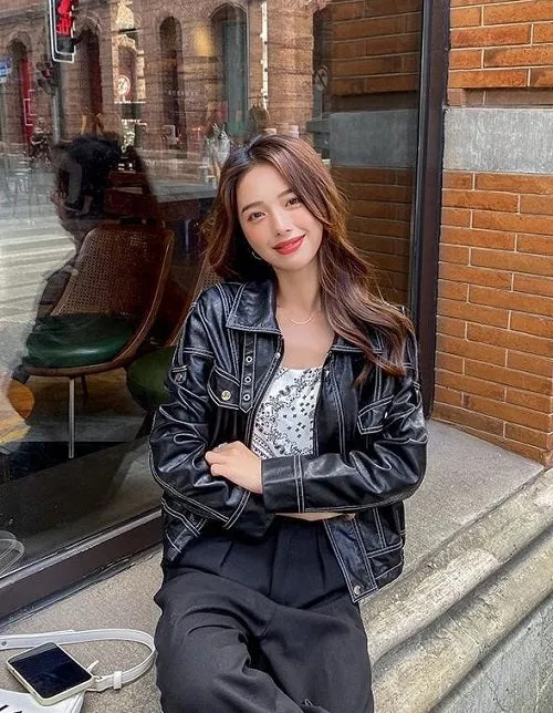 Black Outerwear Women's Fashion Leather Jacket