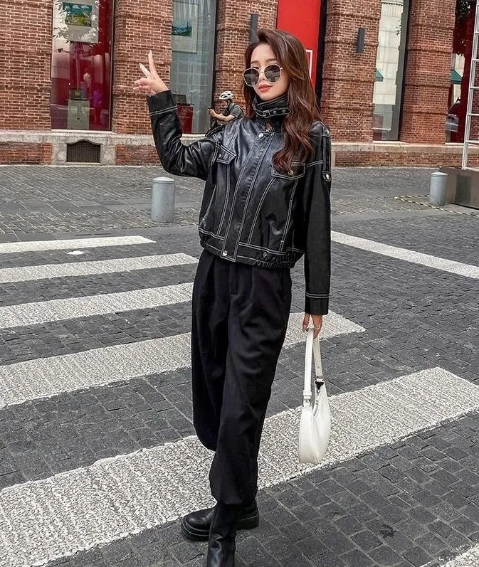 Black Outerwear Women's Fashion Leather Jacket