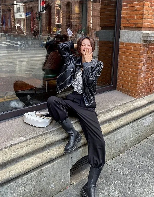 Black Outerwear Women's Fashion Leather Jacket