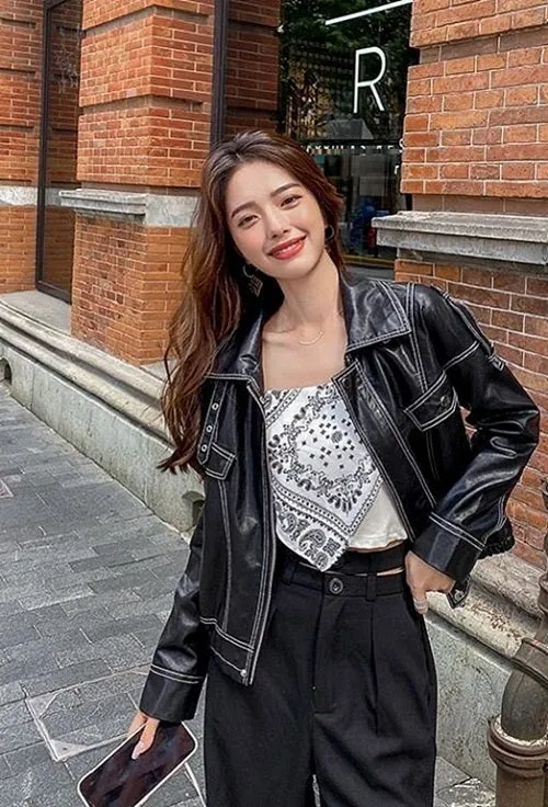 Black Outerwear Women's Fashion Leather Jacket