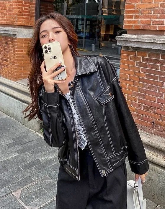 Black Outerwear Women's Fashion Leather Jacket