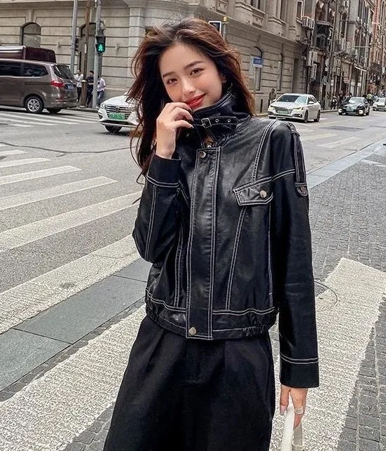 Black Outerwear Women's Fashion Leather Jacket