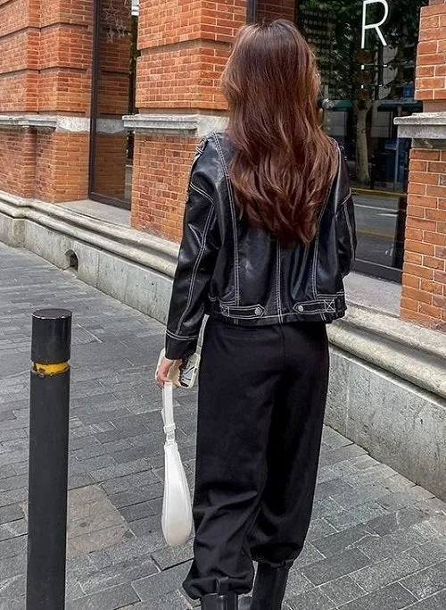 Black Outerwear Women's Fashion Leather Jacket