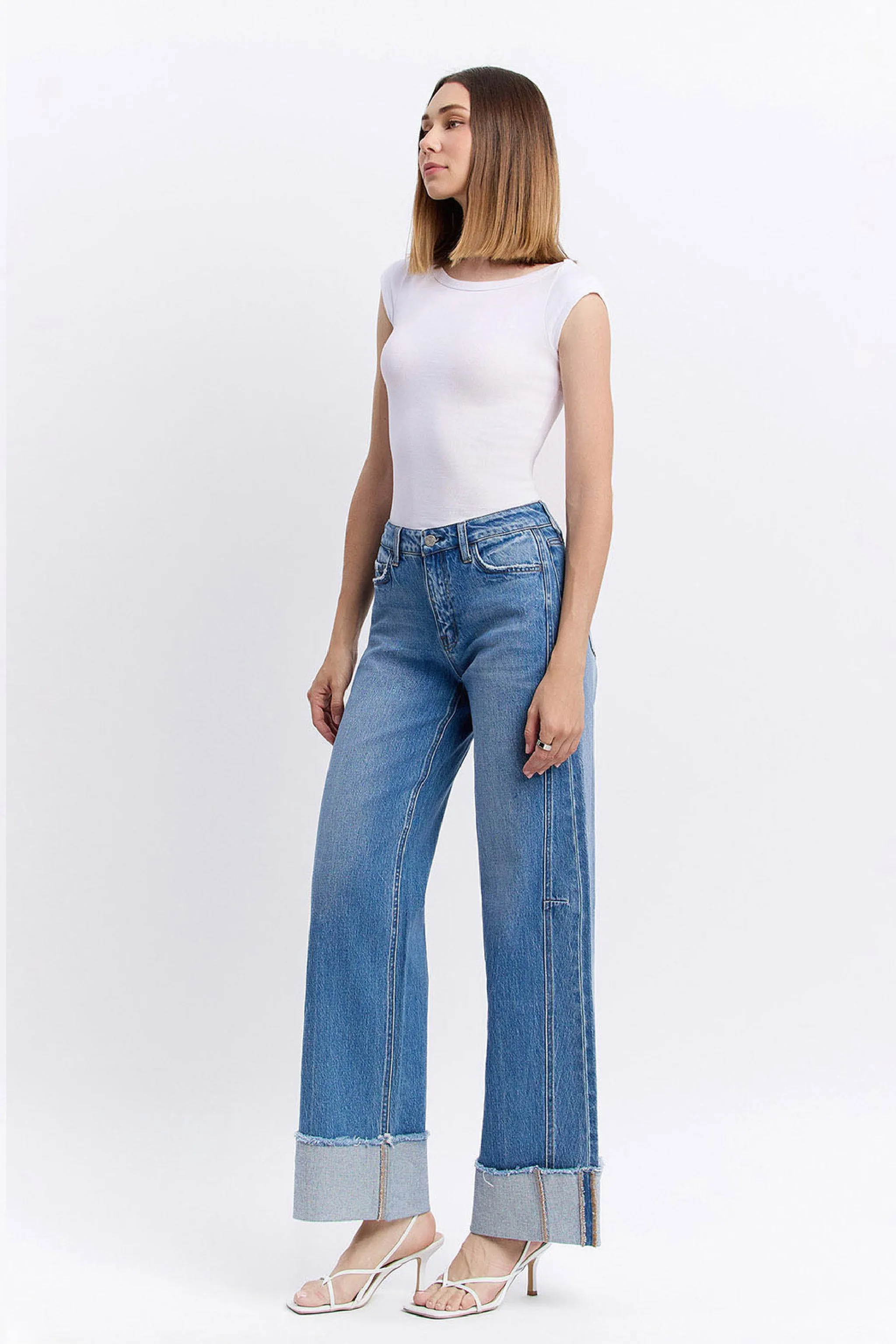 Carol High Rise Cuffed Wide Leg Jeans Medium Wash