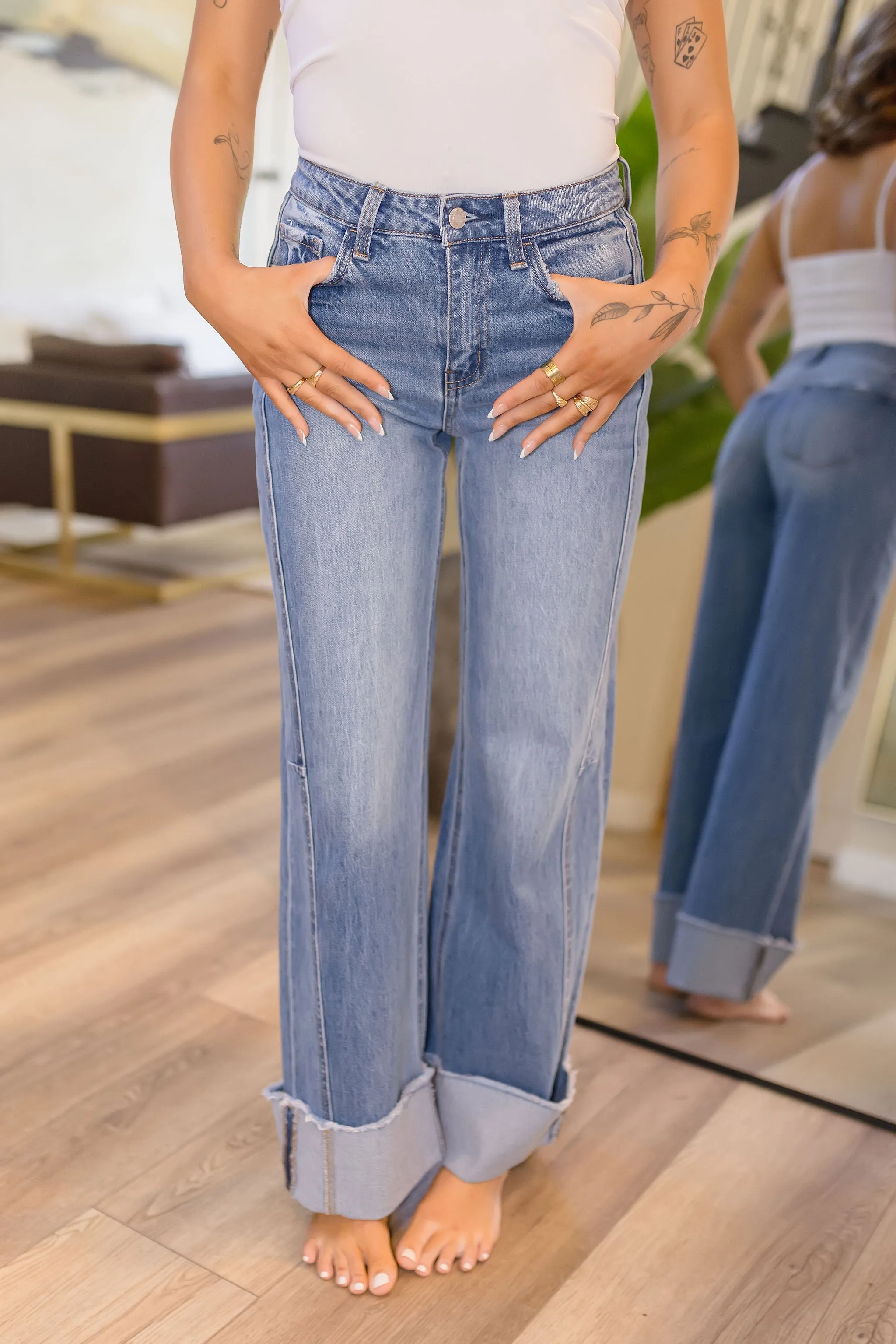 Carol High Rise Cuffed Wide Leg Jeans Medium Wash