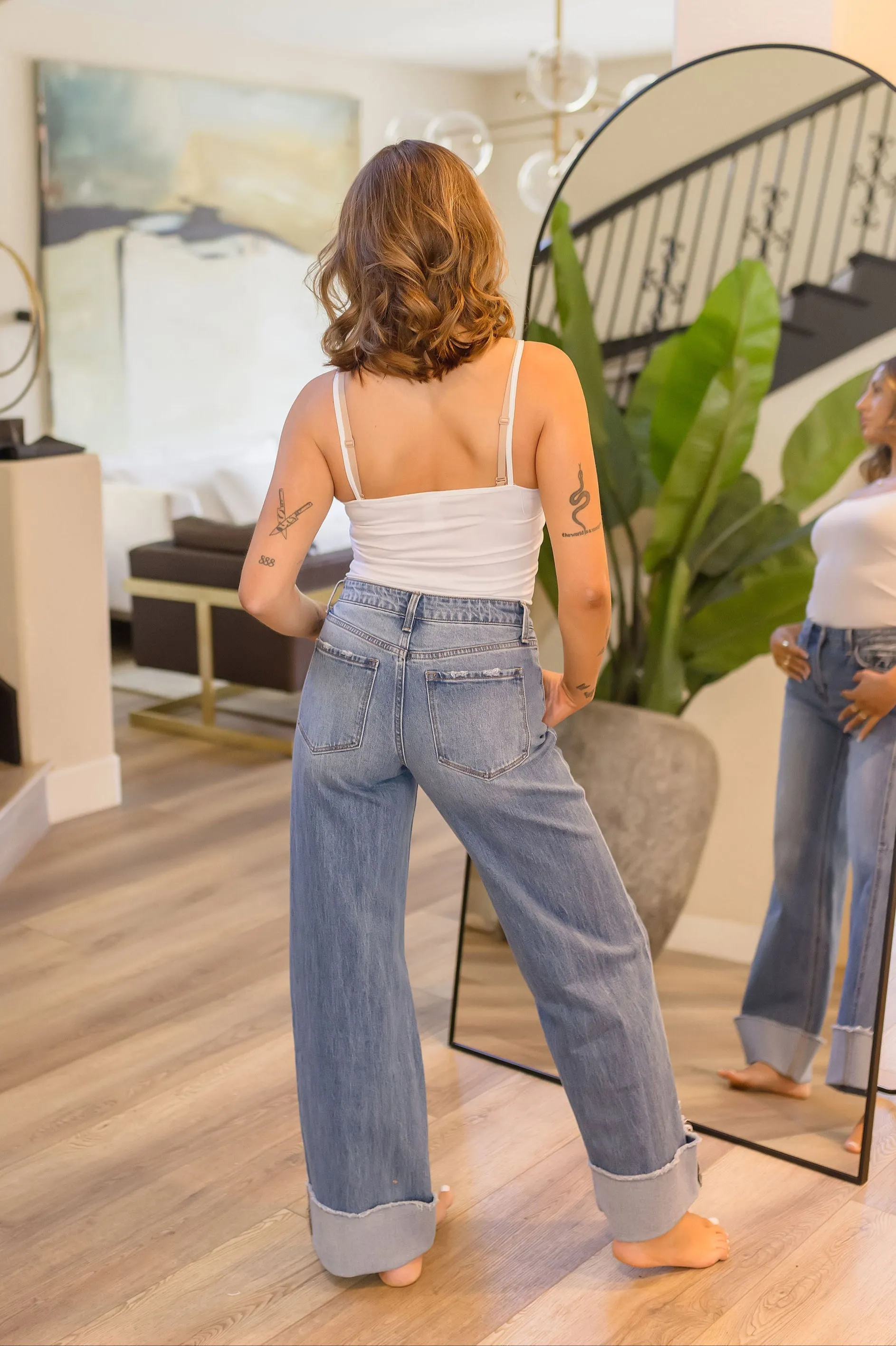 Carol High Rise Cuffed Wide Leg Jeans Medium Wash