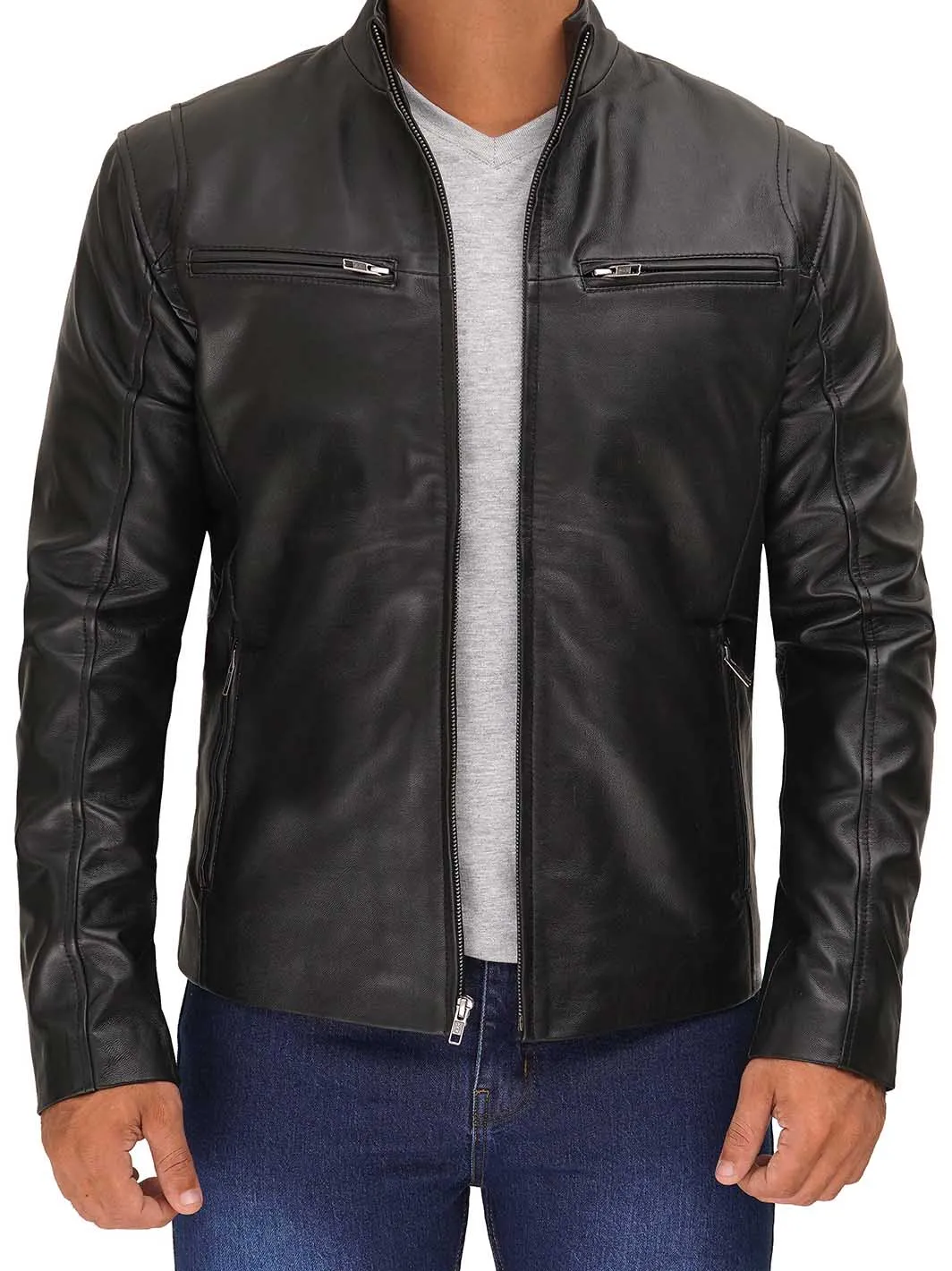 Clinton Men's Black Cafe Racer Leather Jacket