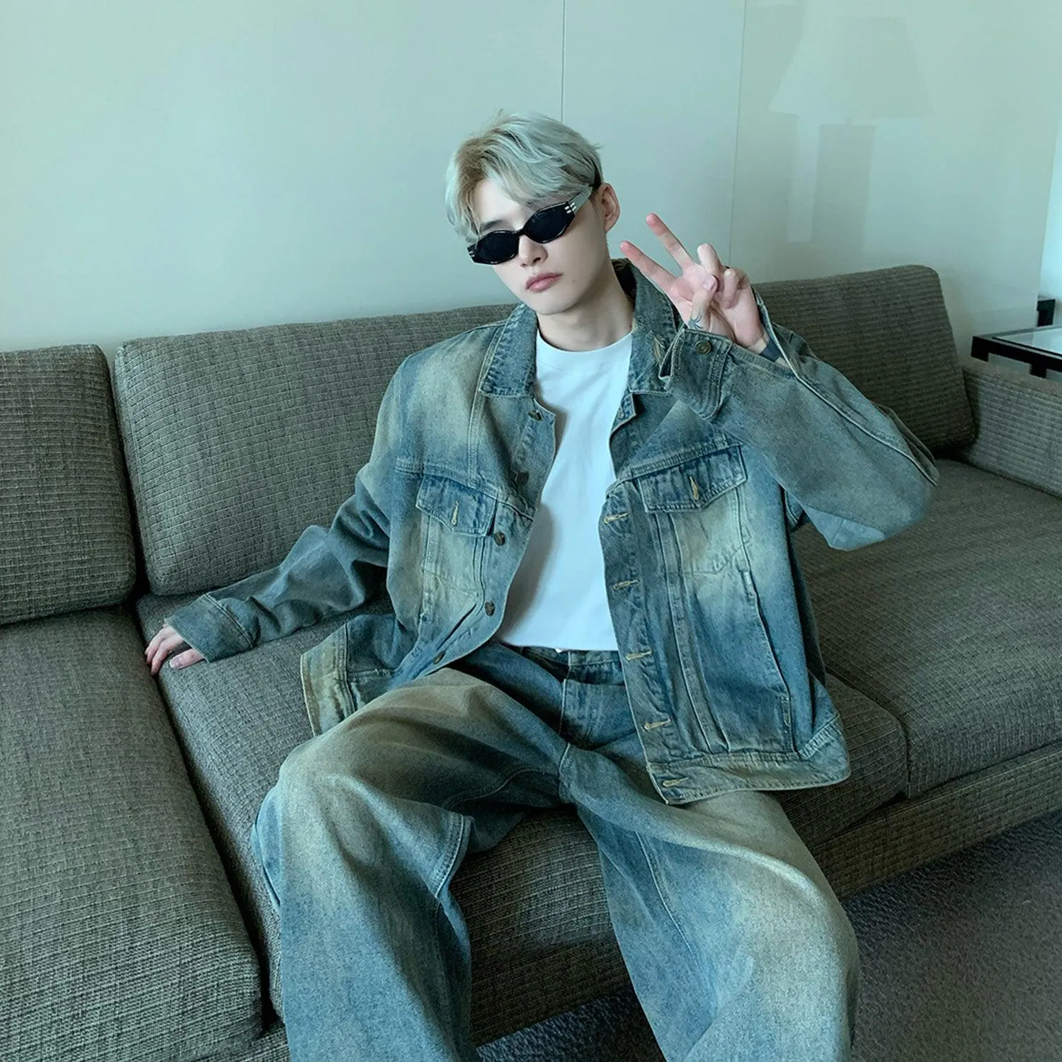 Cui Faded Spots Denim Jacket & Bootcut Jeans Set