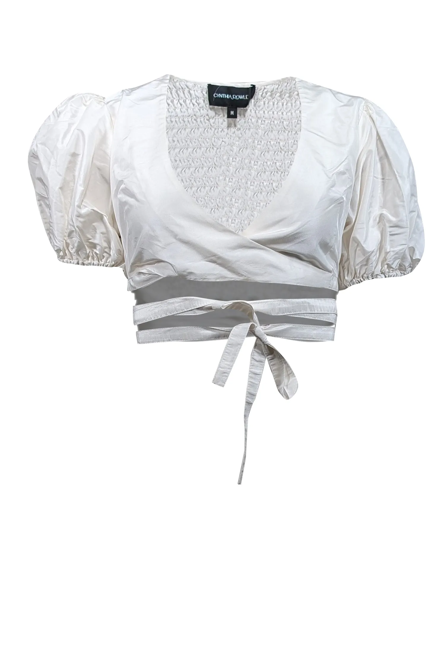 Cynthia Rowley - White Taffeta Smocked Wrap Top Sz M