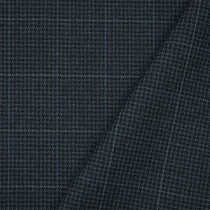 Deep Navy-Gray Wool-Polyester Check Houndstooth Suiting Twill Woven Fabric
