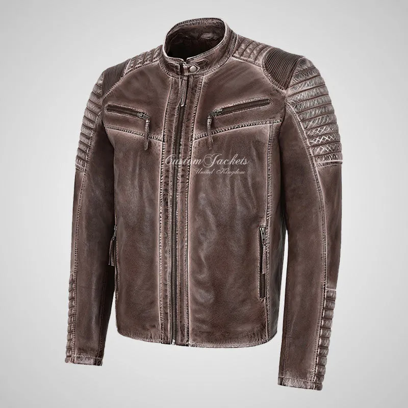 DISTRESSED BREW Mens Leather Biker Jacket Waxed Vintage Effect