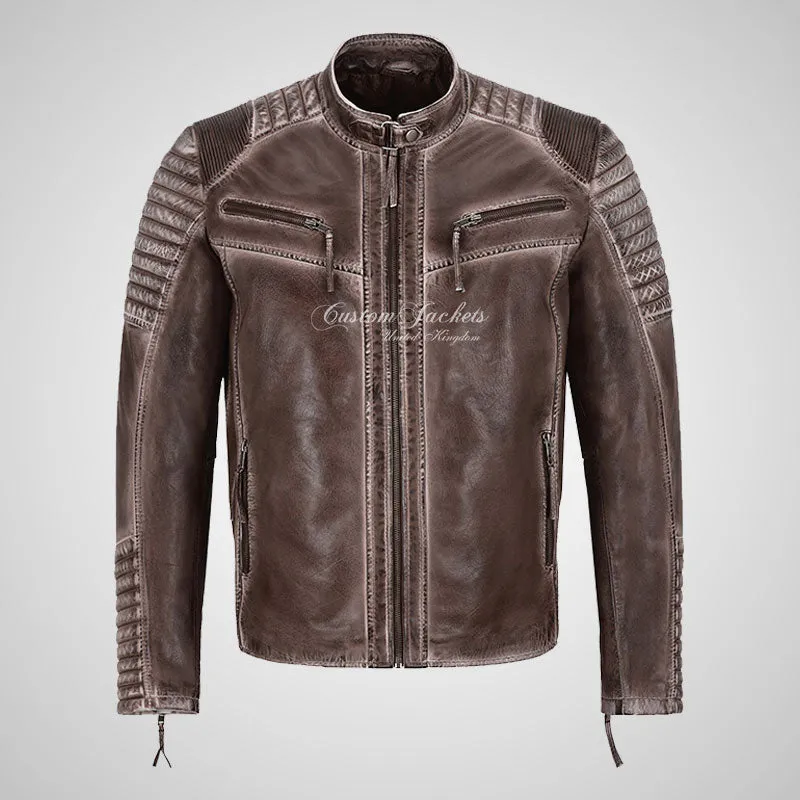 DISTRESSED BREW Mens Leather Biker Jacket Waxed Vintage Effect