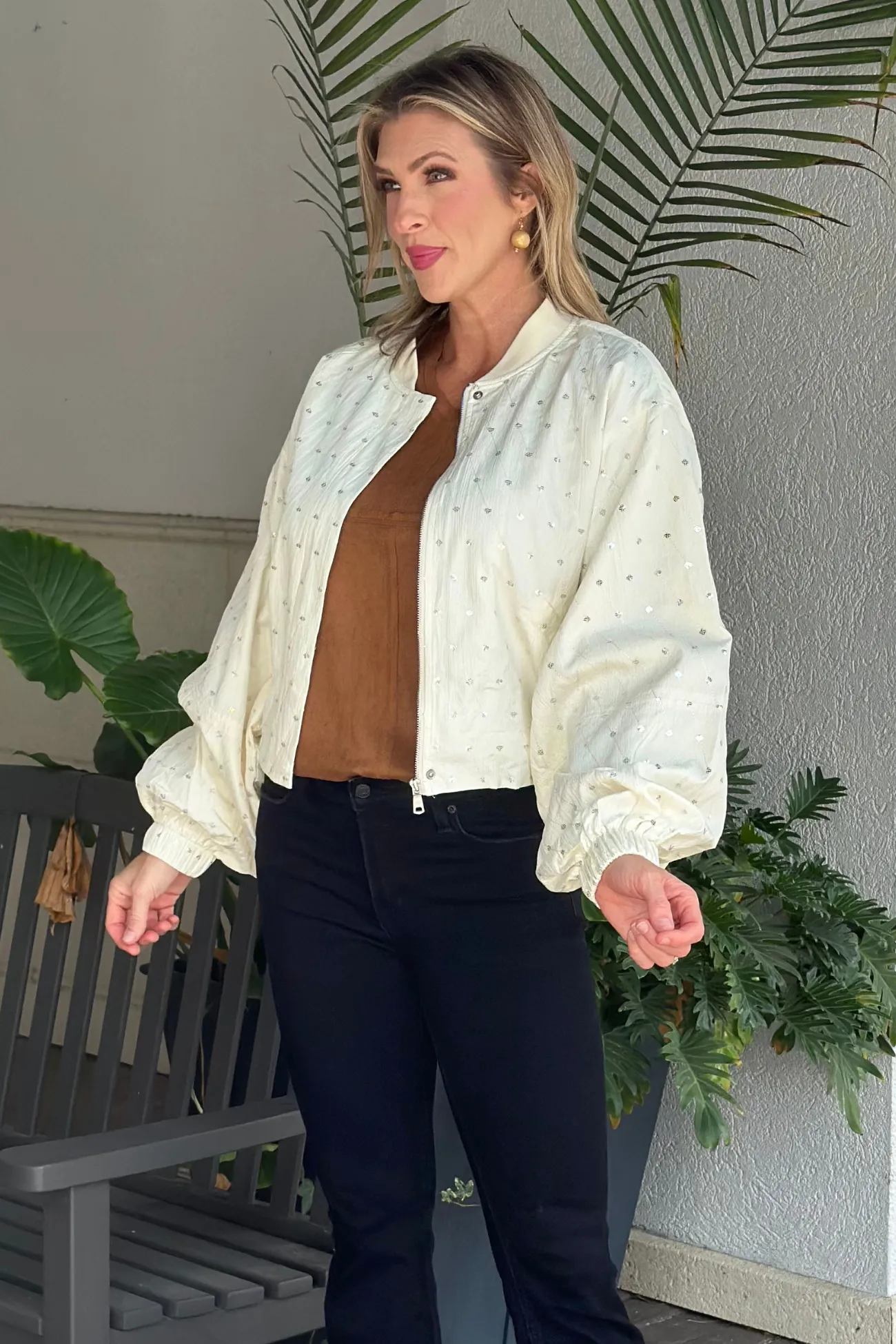 Dolce Cabo Ivory Embellished Balloon Sleeve Jacket