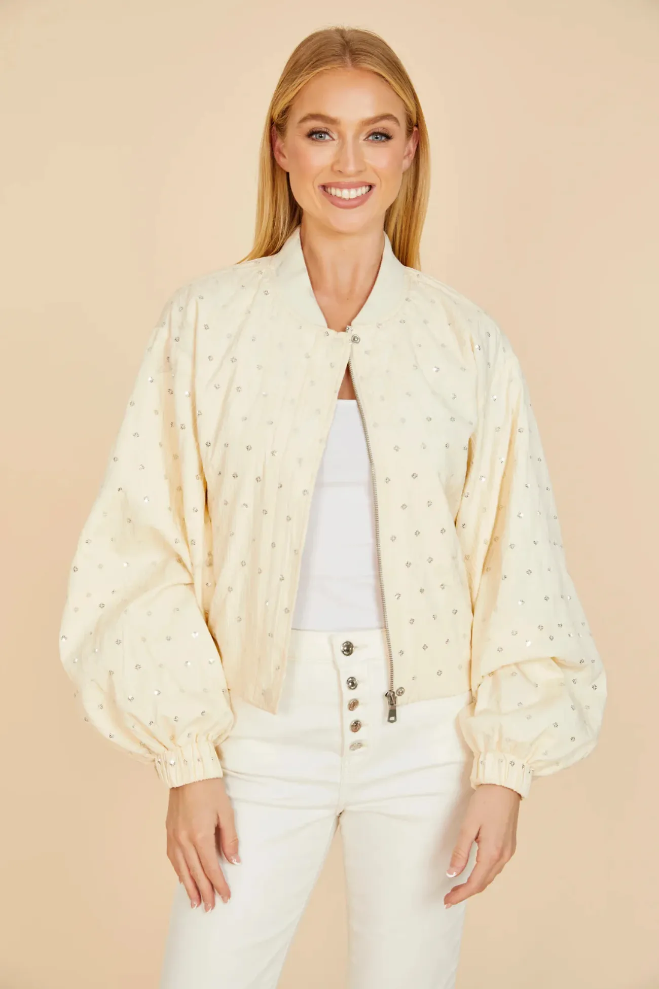 Dolce Cabo Ivory Embellished Balloon Sleeve Jacket