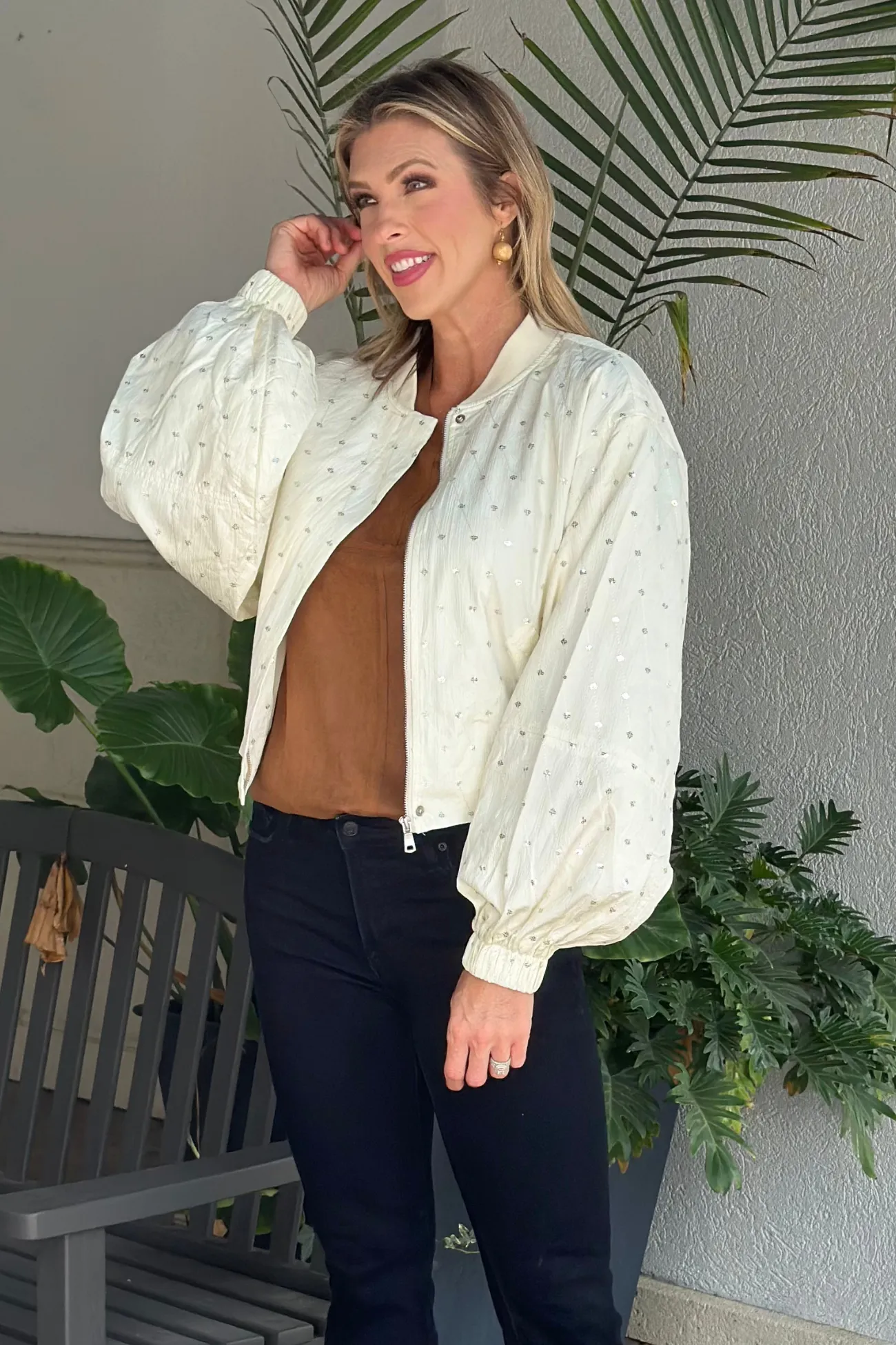 Dolce Cabo Ivory Embellished Balloon Sleeve Jacket