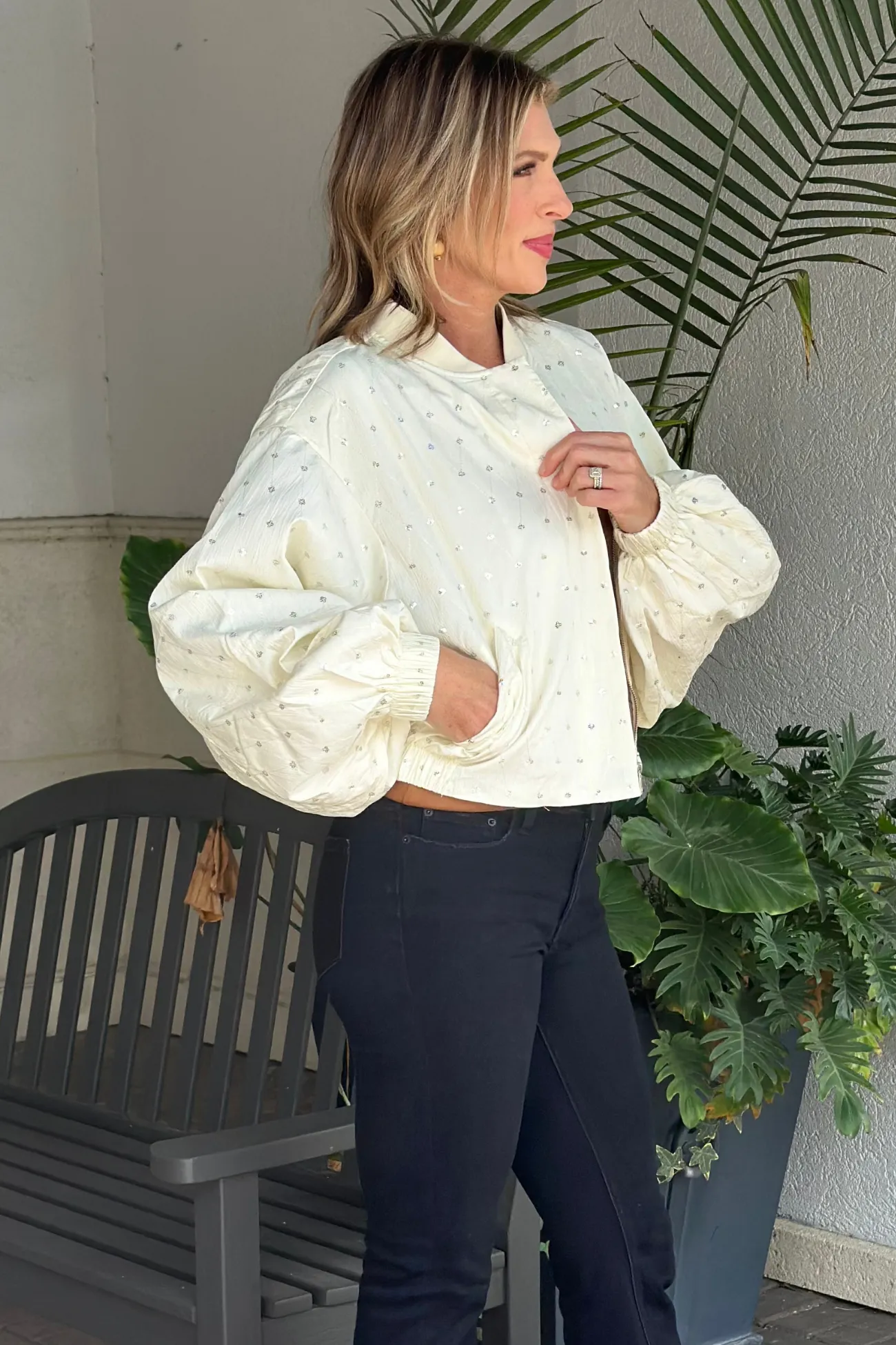 Dolce Cabo Ivory Embellished Balloon Sleeve Jacket