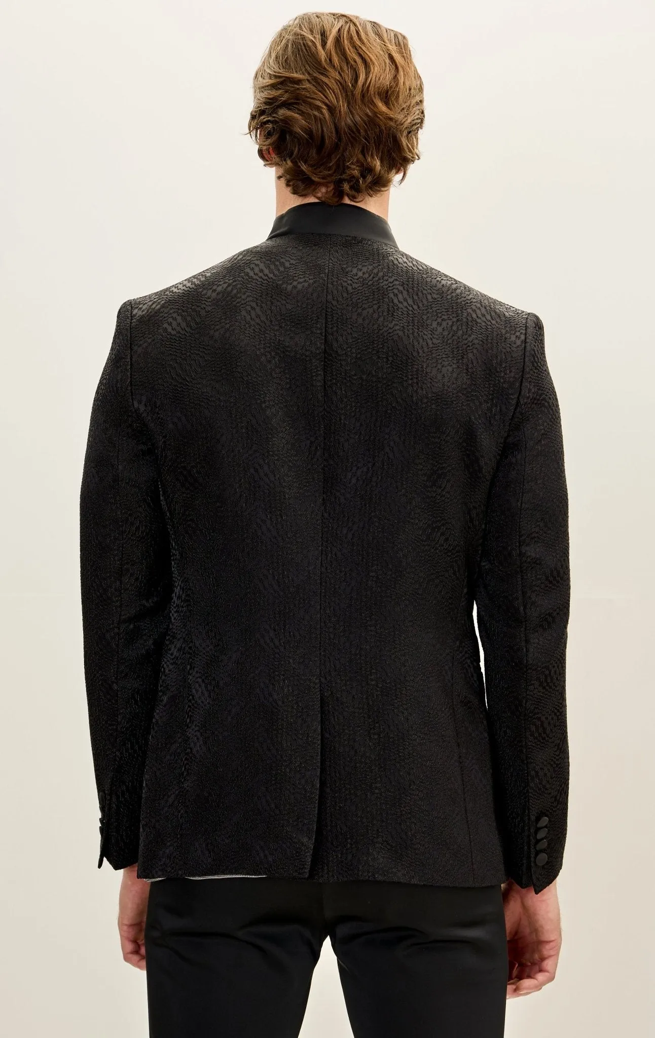 Embellished Satin Mandarin Collar Tuxedo Jacket - Black