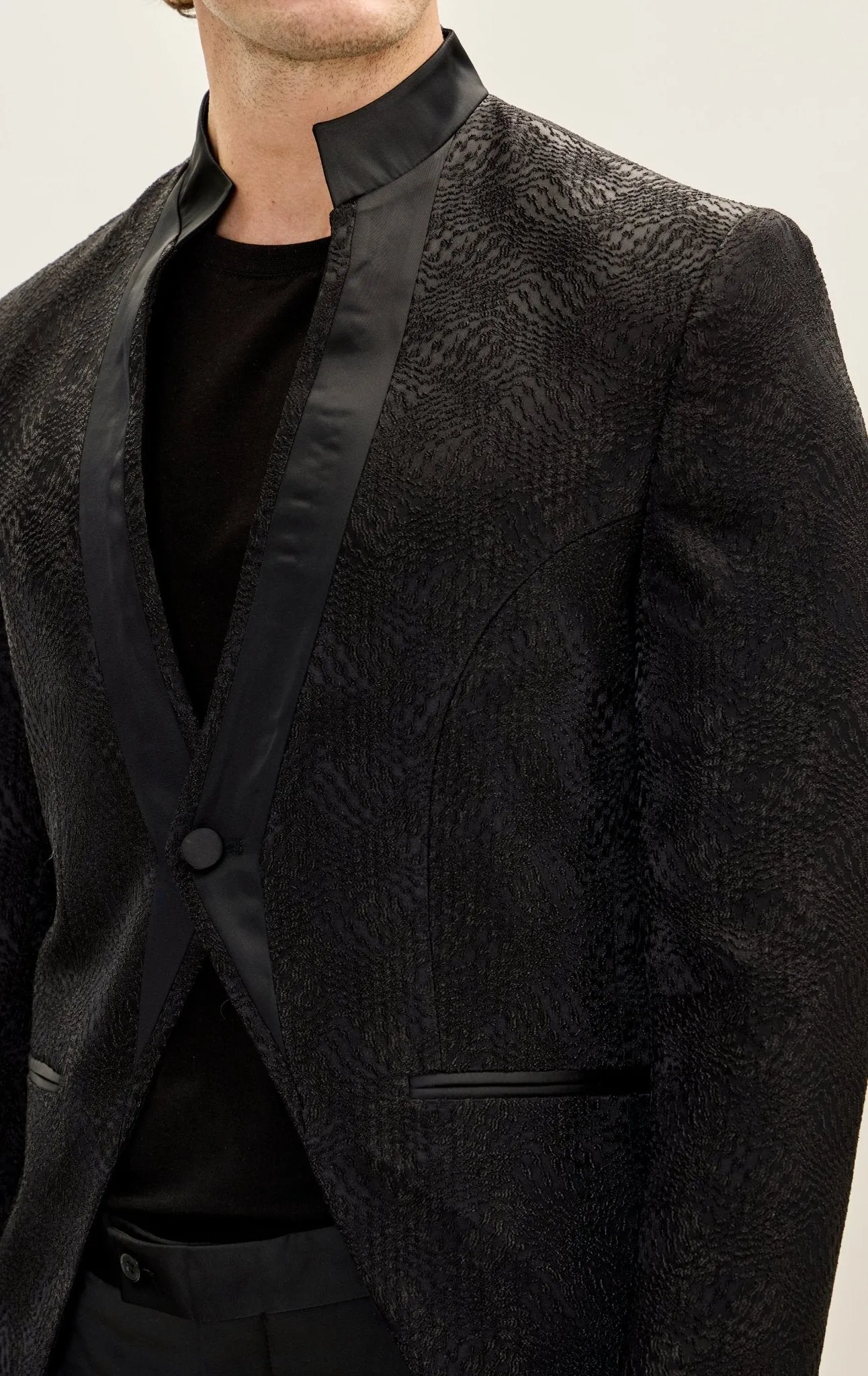 Embellished Satin Mandarin Collar Tuxedo Jacket - Black