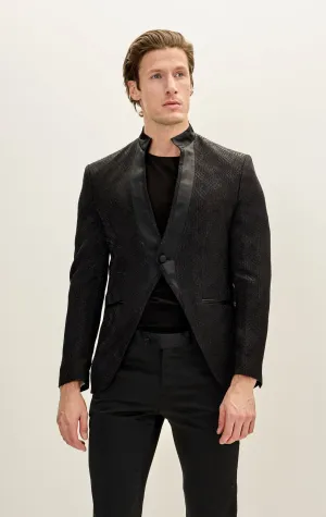 Embellished Satin Mandarin Collar Tuxedo Jacket - Black