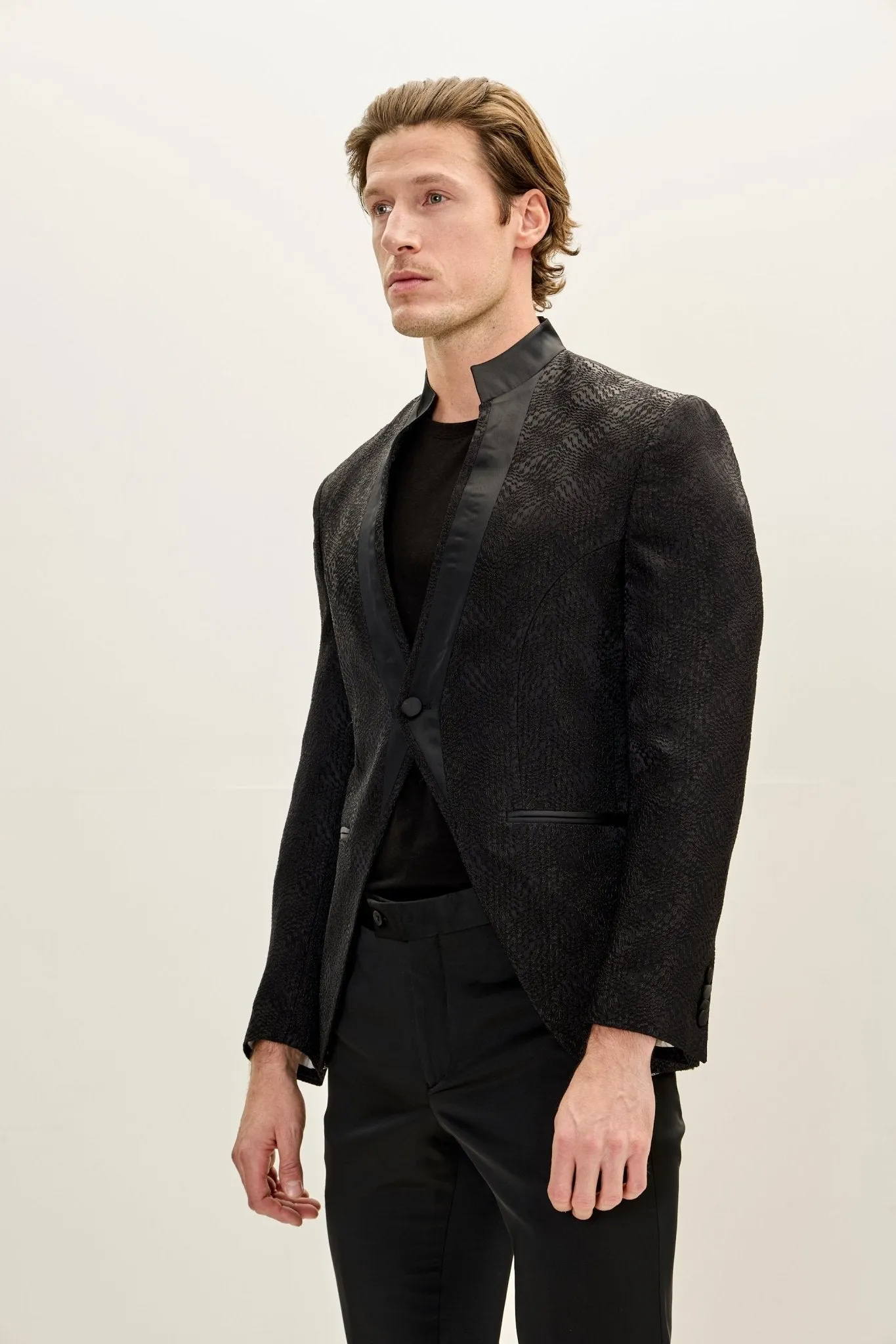 Embellished Satin Mandarin Collar Tuxedo Jacket - Black