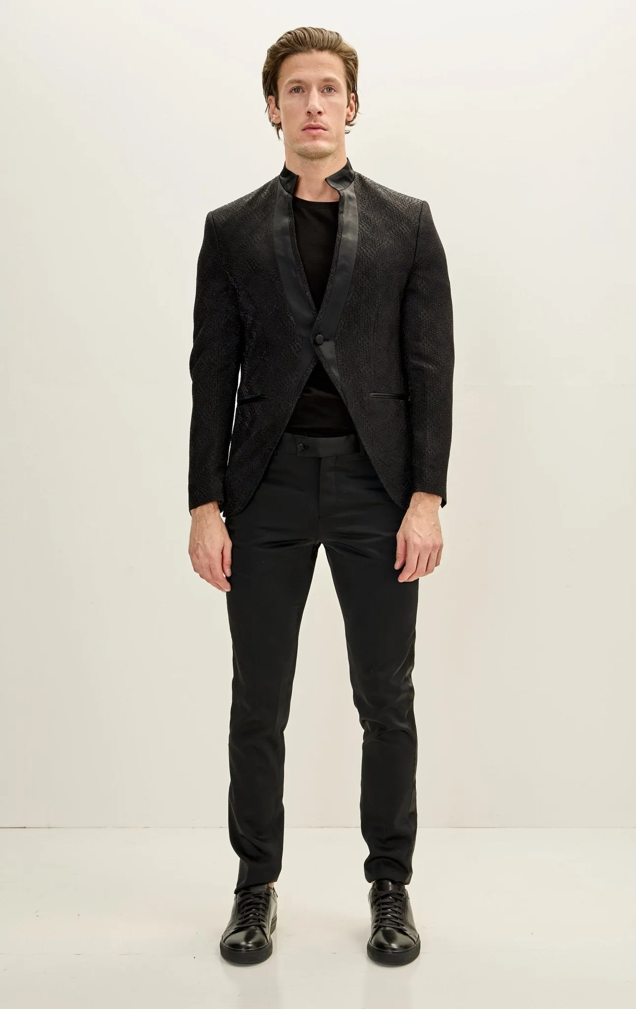 Embellished Satin Mandarin Collar Tuxedo Jacket - Black