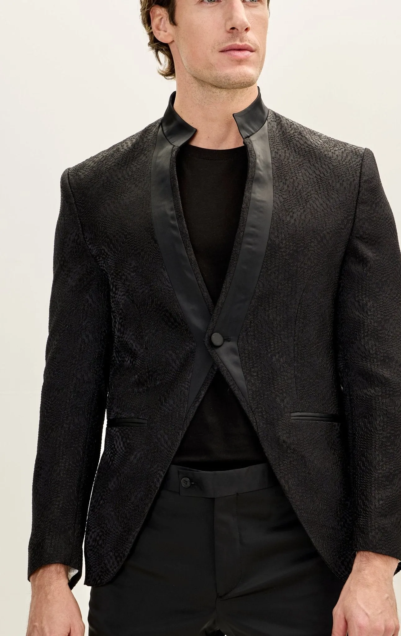 Embellished Satin Mandarin Collar Tuxedo Jacket - Black