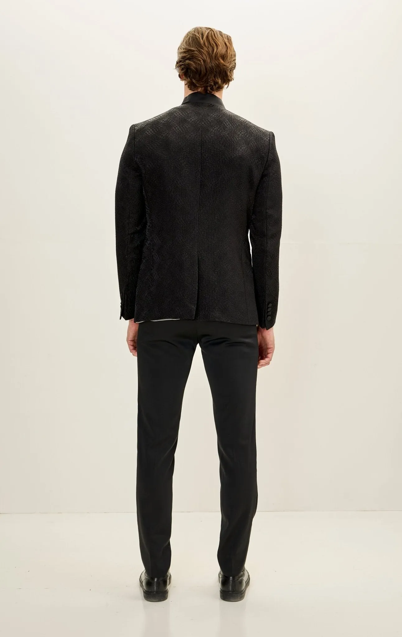 Embellished Satin Mandarin Collar Tuxedo Jacket - Black