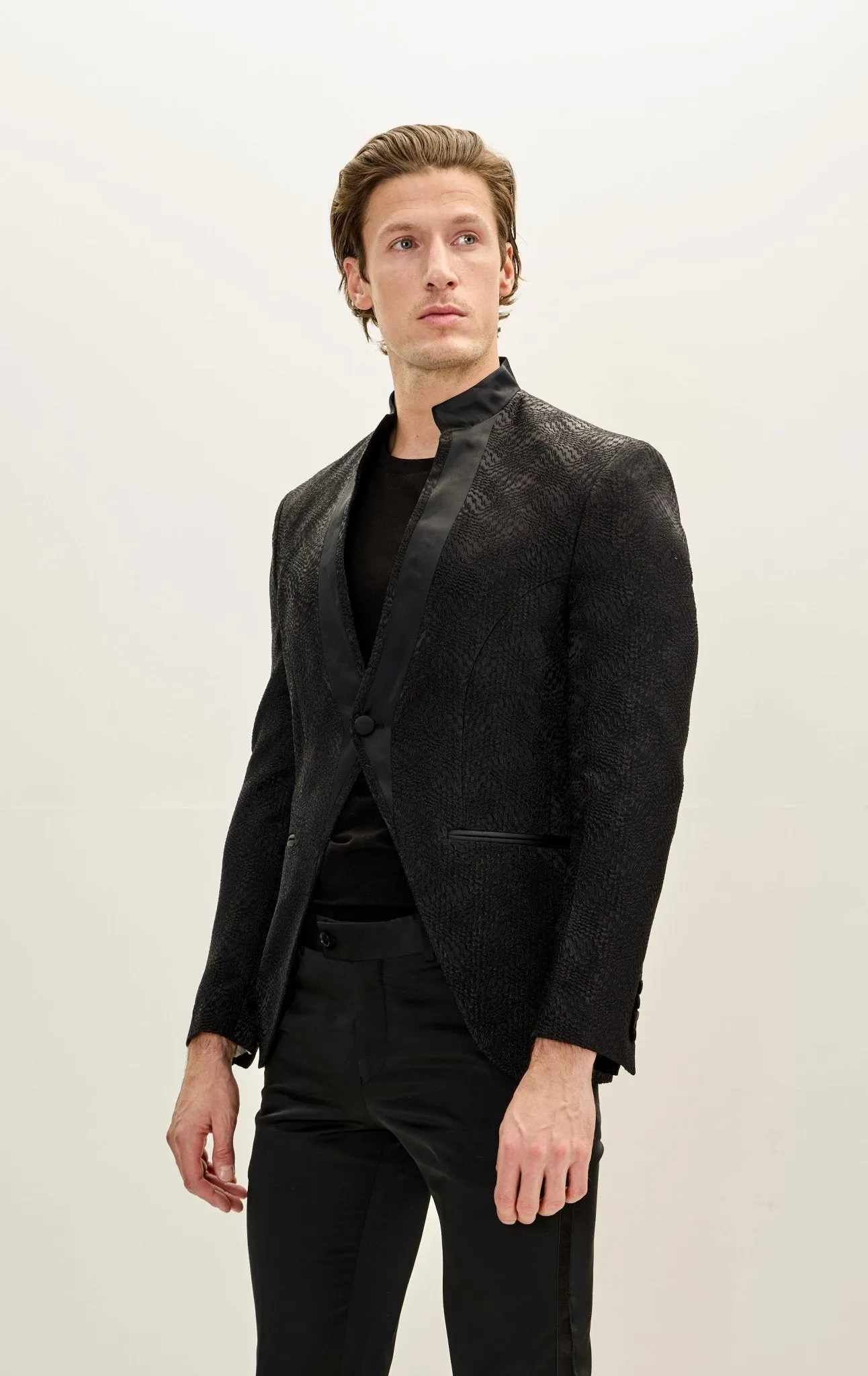 Embellished Satin Mandarin Collar Tuxedo Jacket - Black