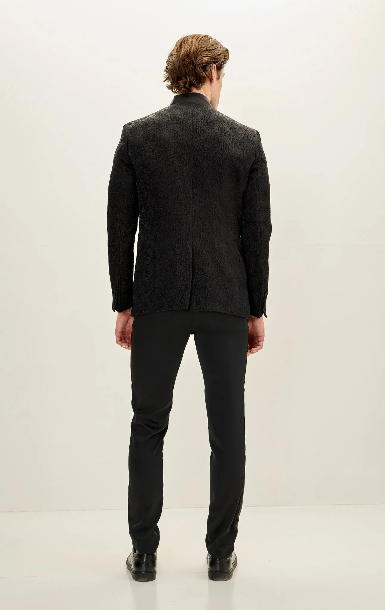 Embellished Satin Mandarin Collar Tuxedo Jacket - Black