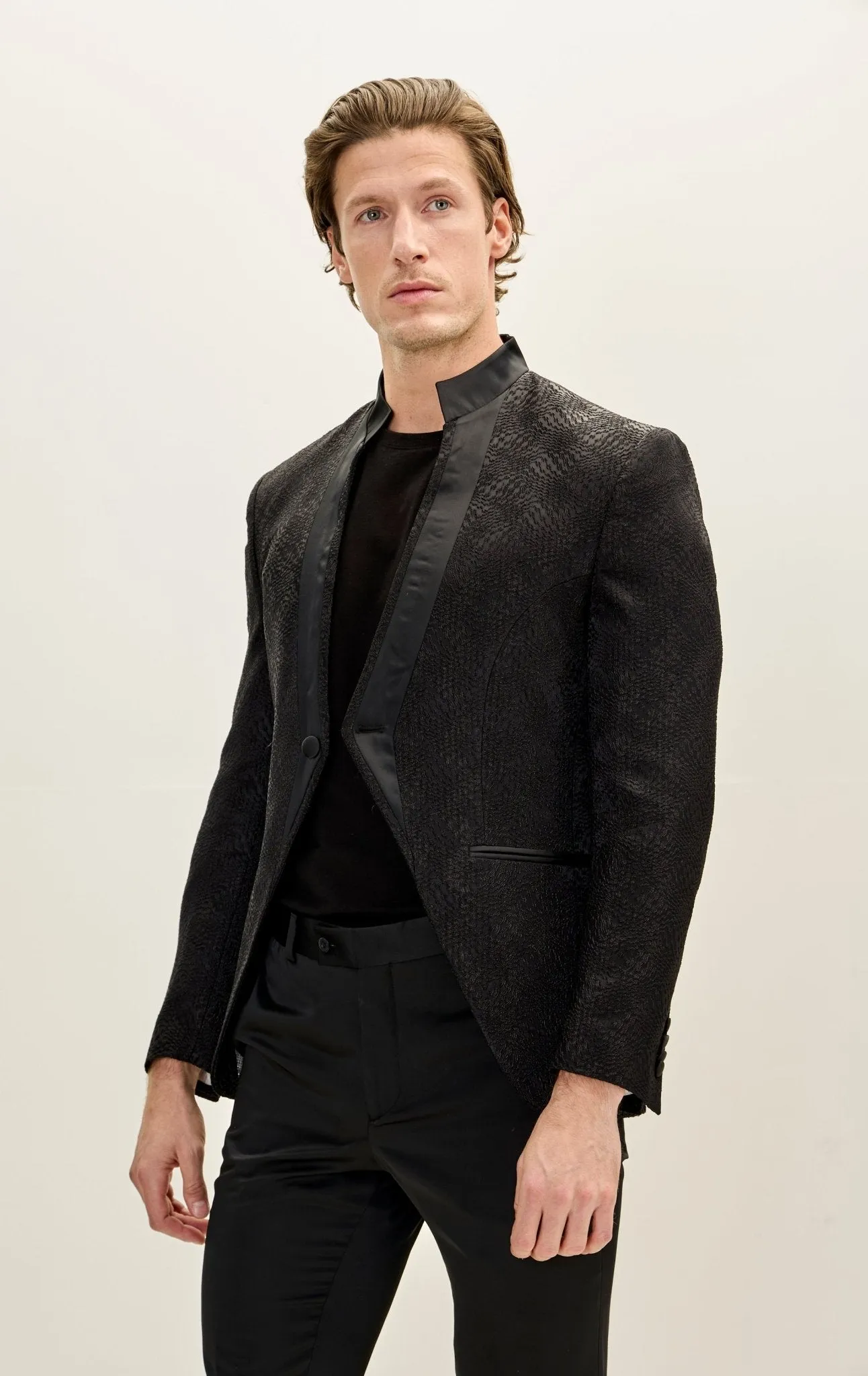 Embellished Satin Mandarin Collar Tuxedo Jacket - Black