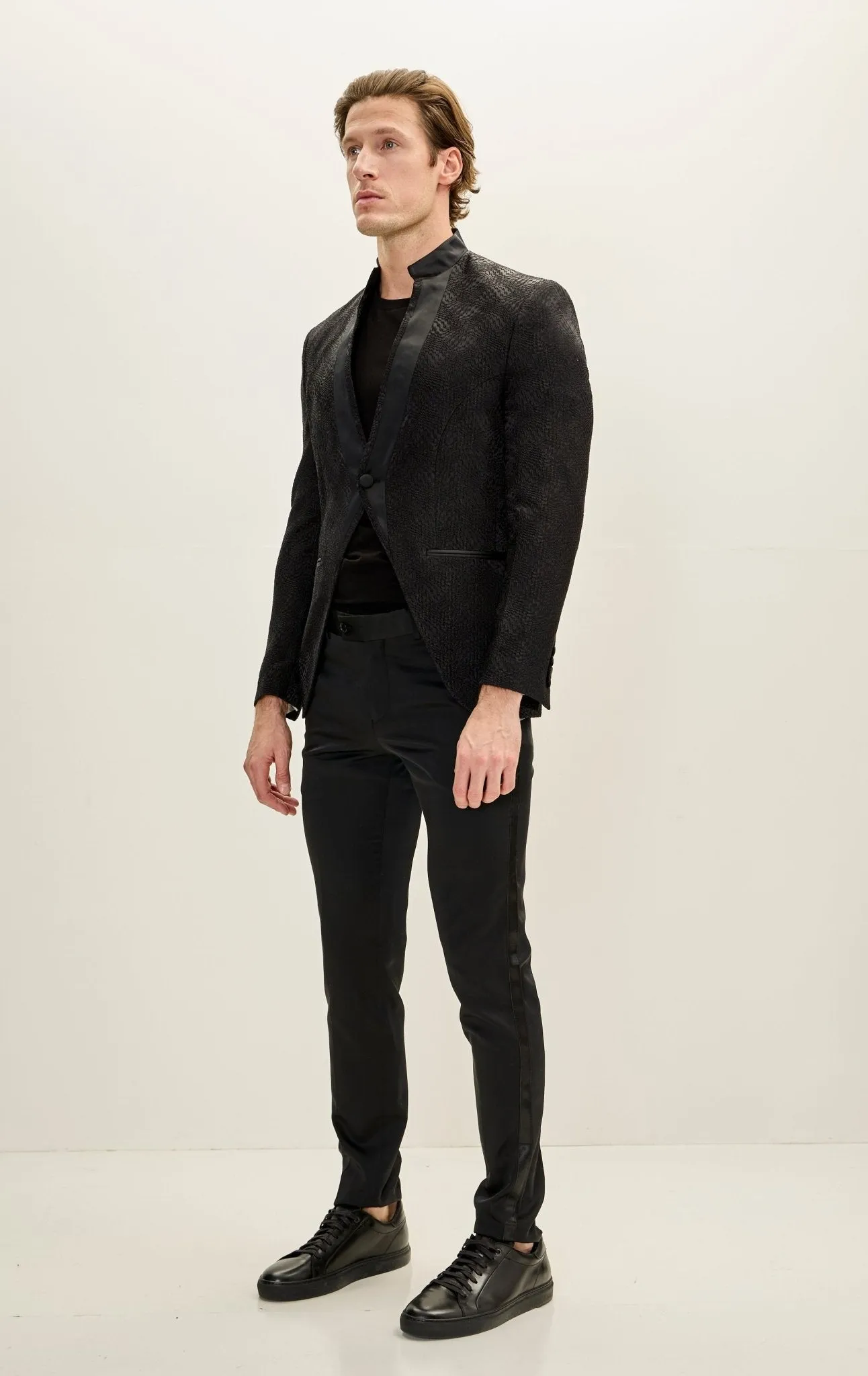 Embellished Satin Mandarin Collar Tuxedo Jacket - Black