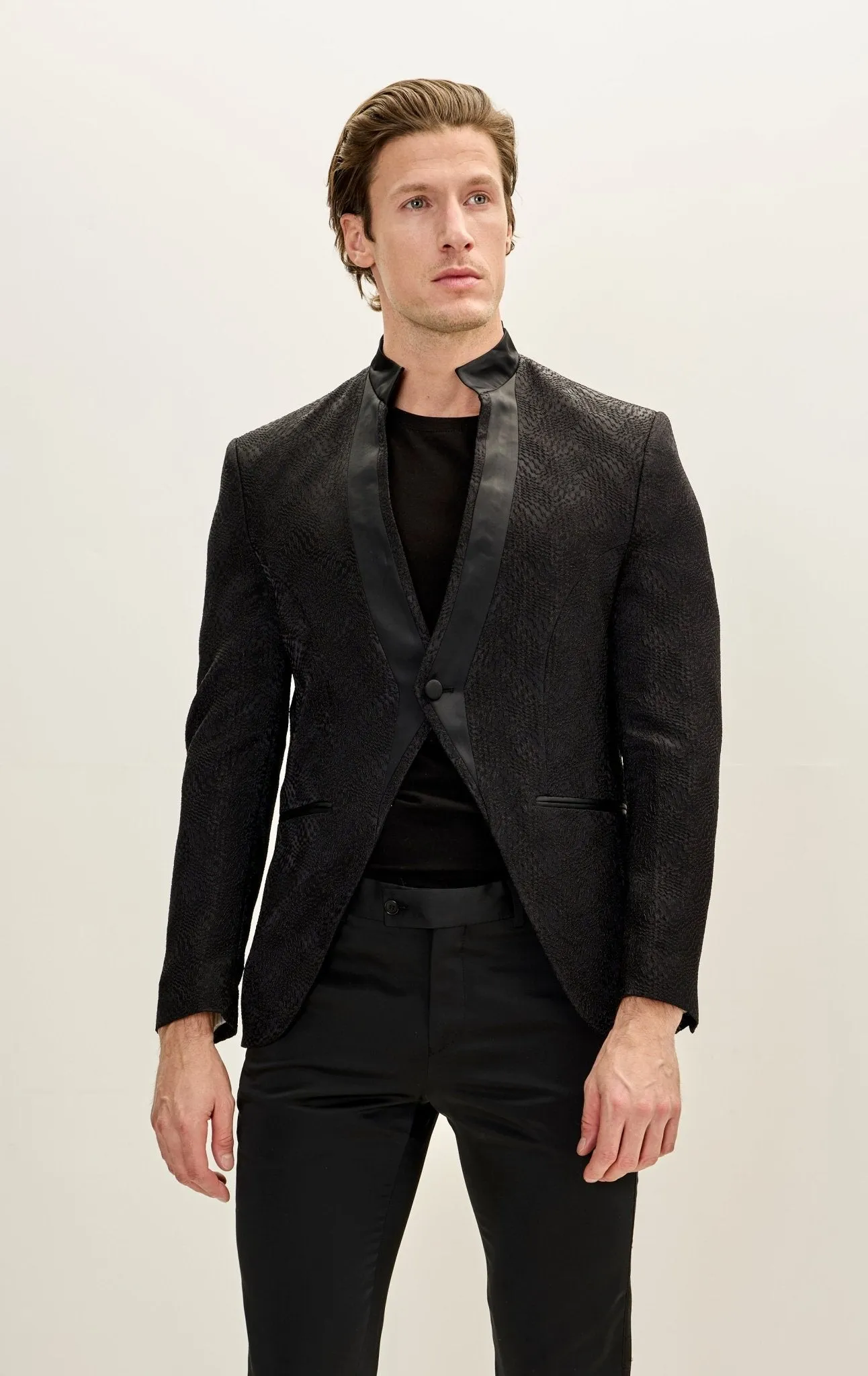 Embellished Satin Mandarin Collar Tuxedo Jacket - Black