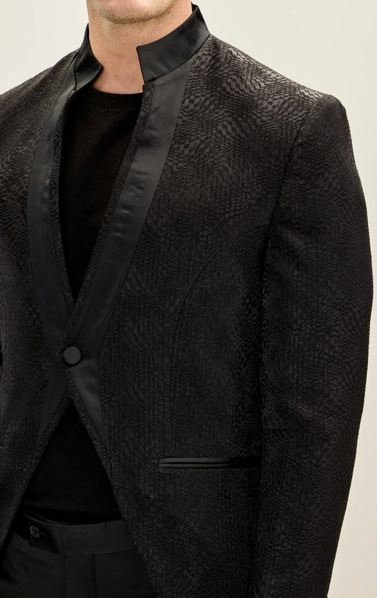 Embellished Satin Mandarin Collar Tuxedo Jacket - Black