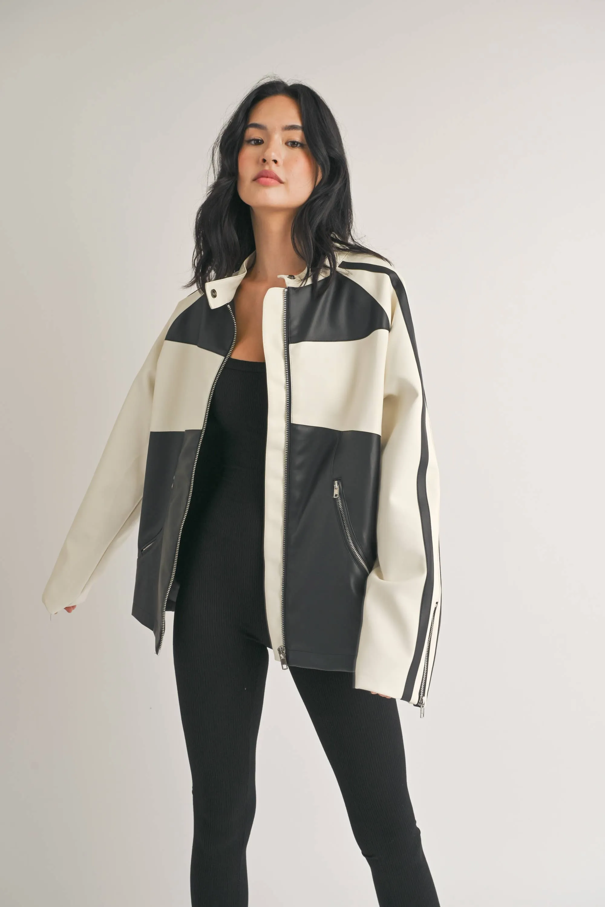 Faux Leather Moto Jacket -  Ivory/Black LAST ONE!