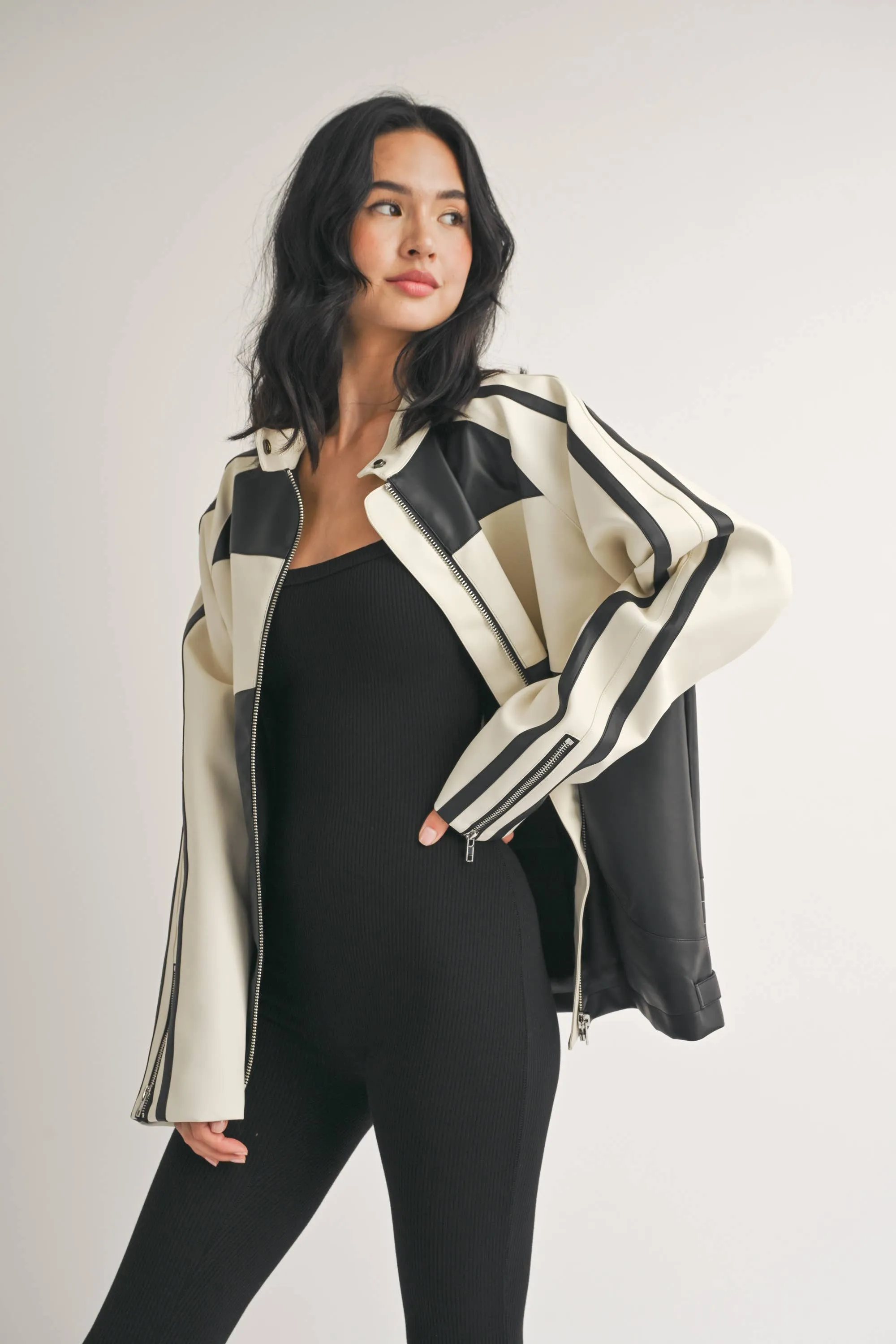 Faux Leather Moto Jacket -  Ivory/Black LAST ONE!