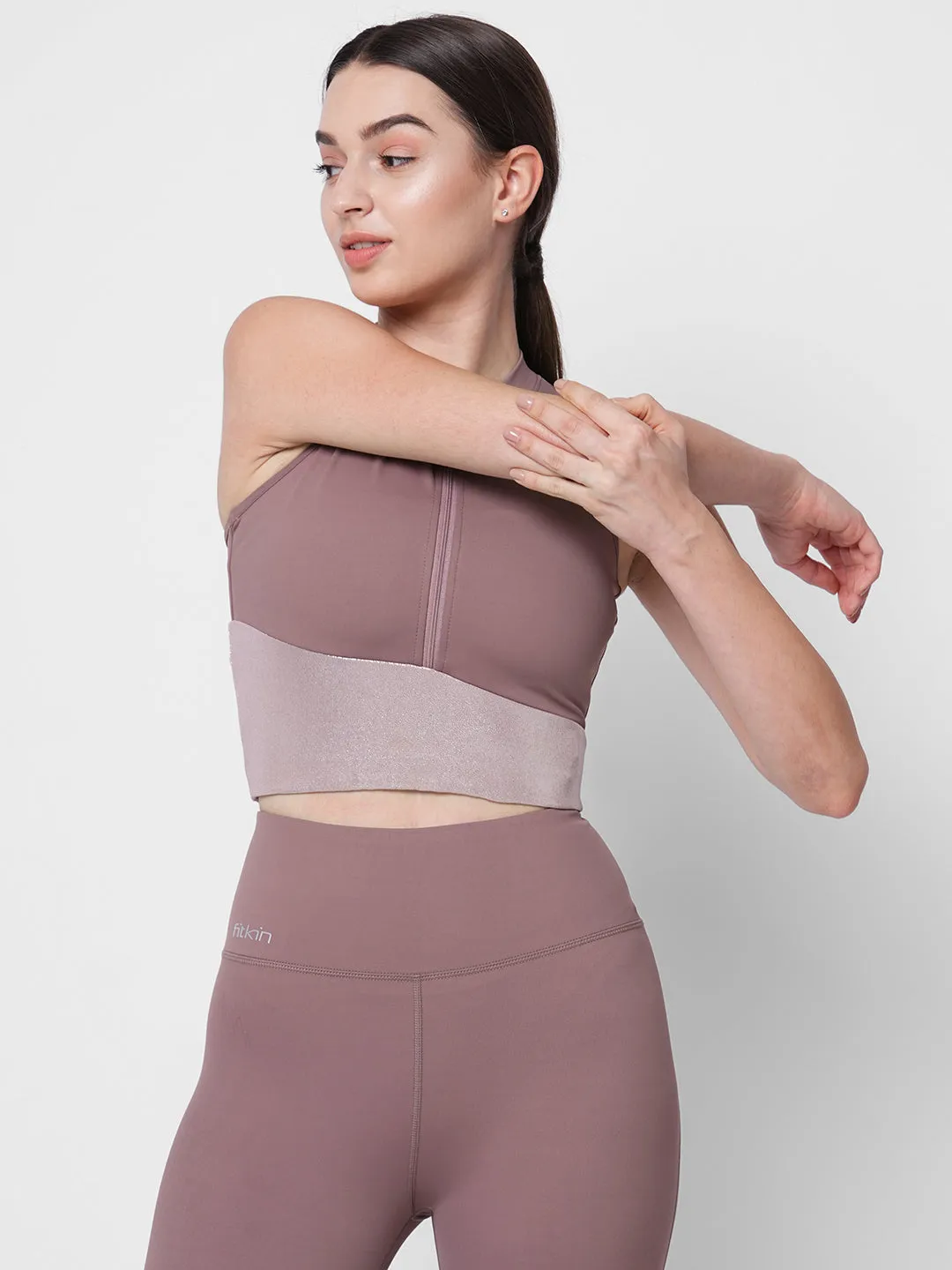 fitkin women beige metallic coloblock front zipper top