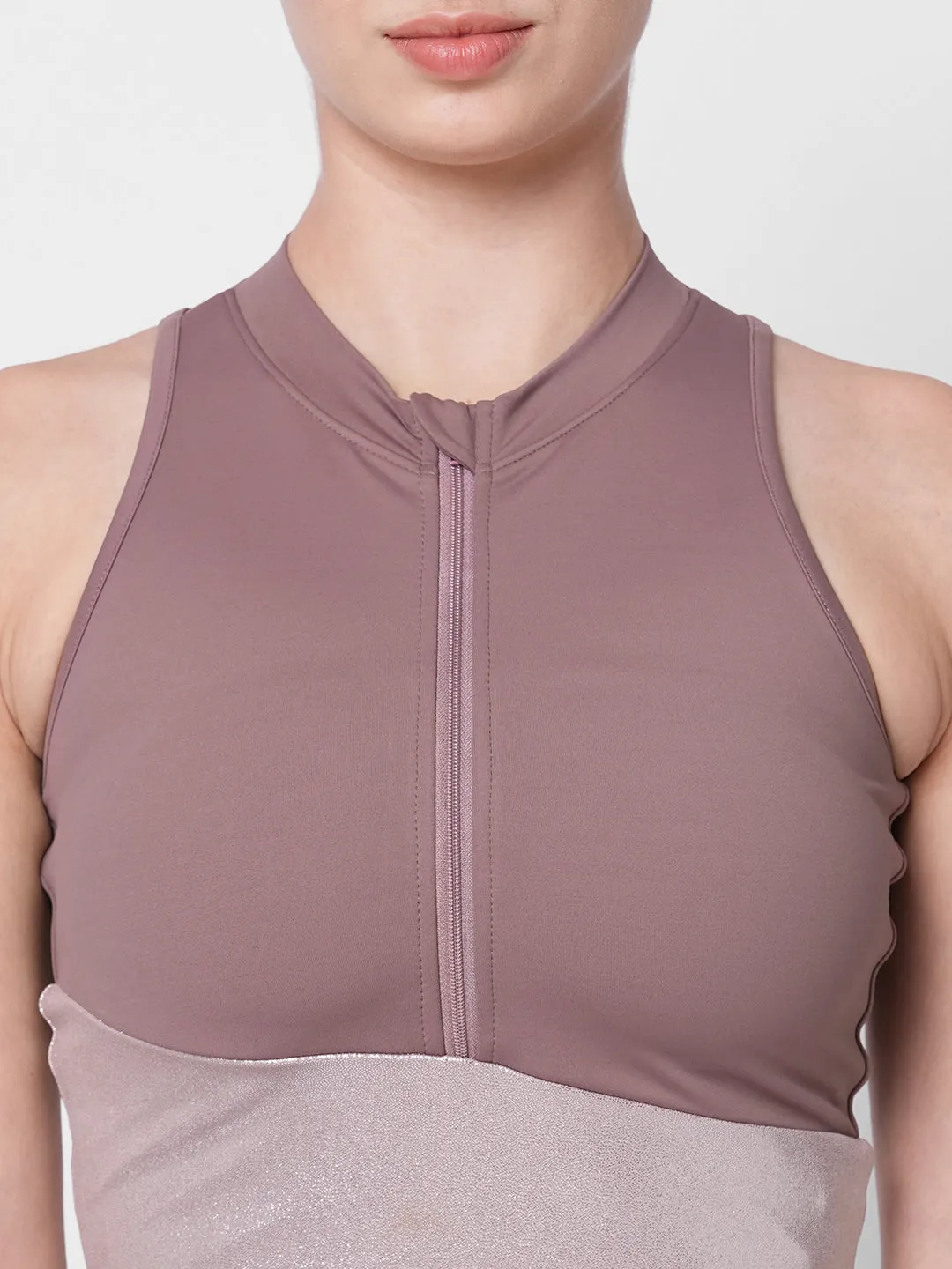 fitkin women beige metallic coloblock front zipper top
