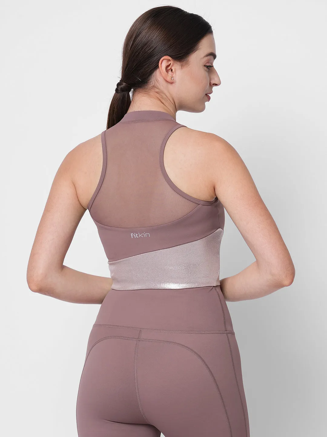 fitkin women beige metallic coloblock front zipper top