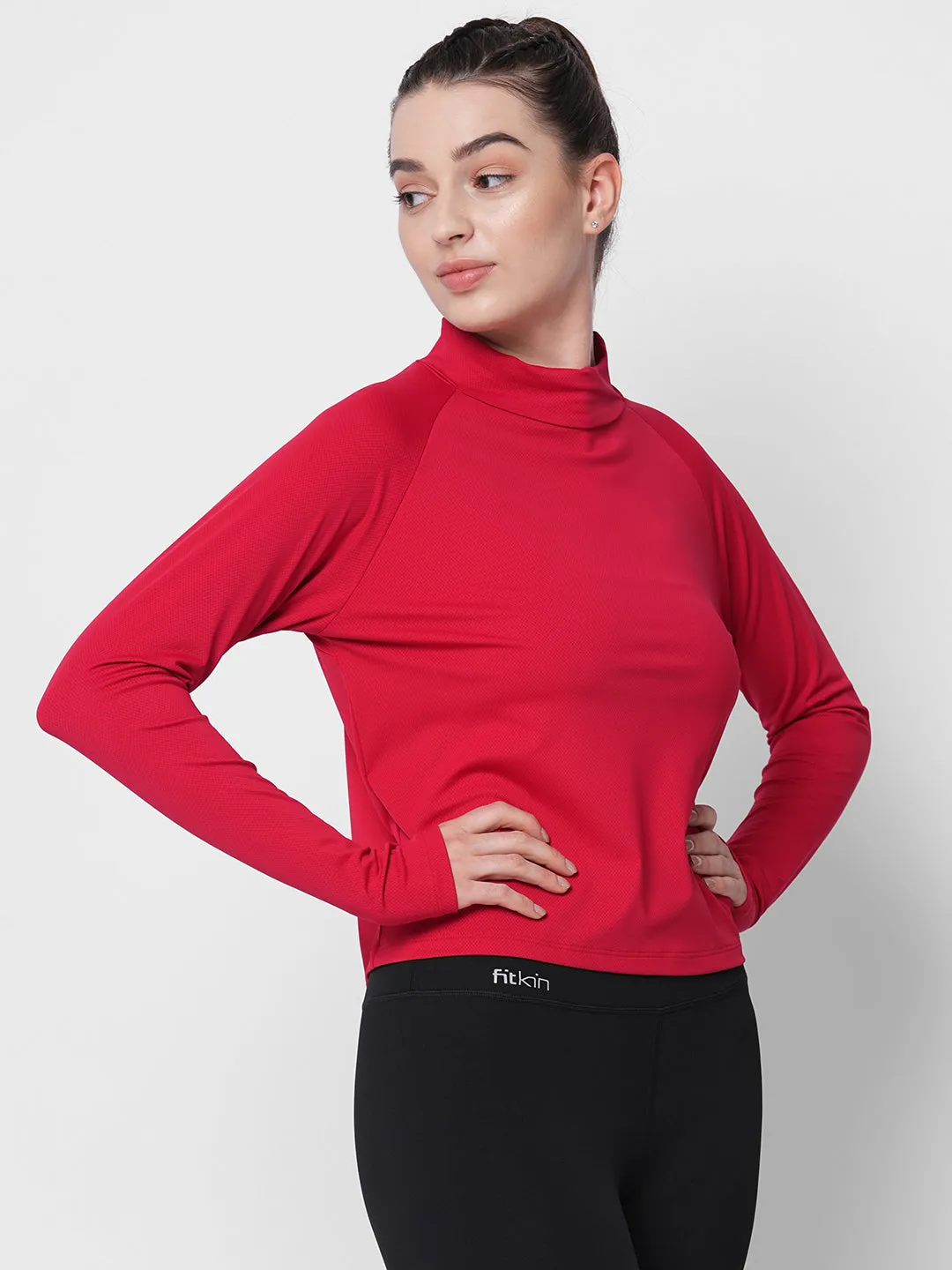 Fitkin women red self design turtle neck long sleeve top