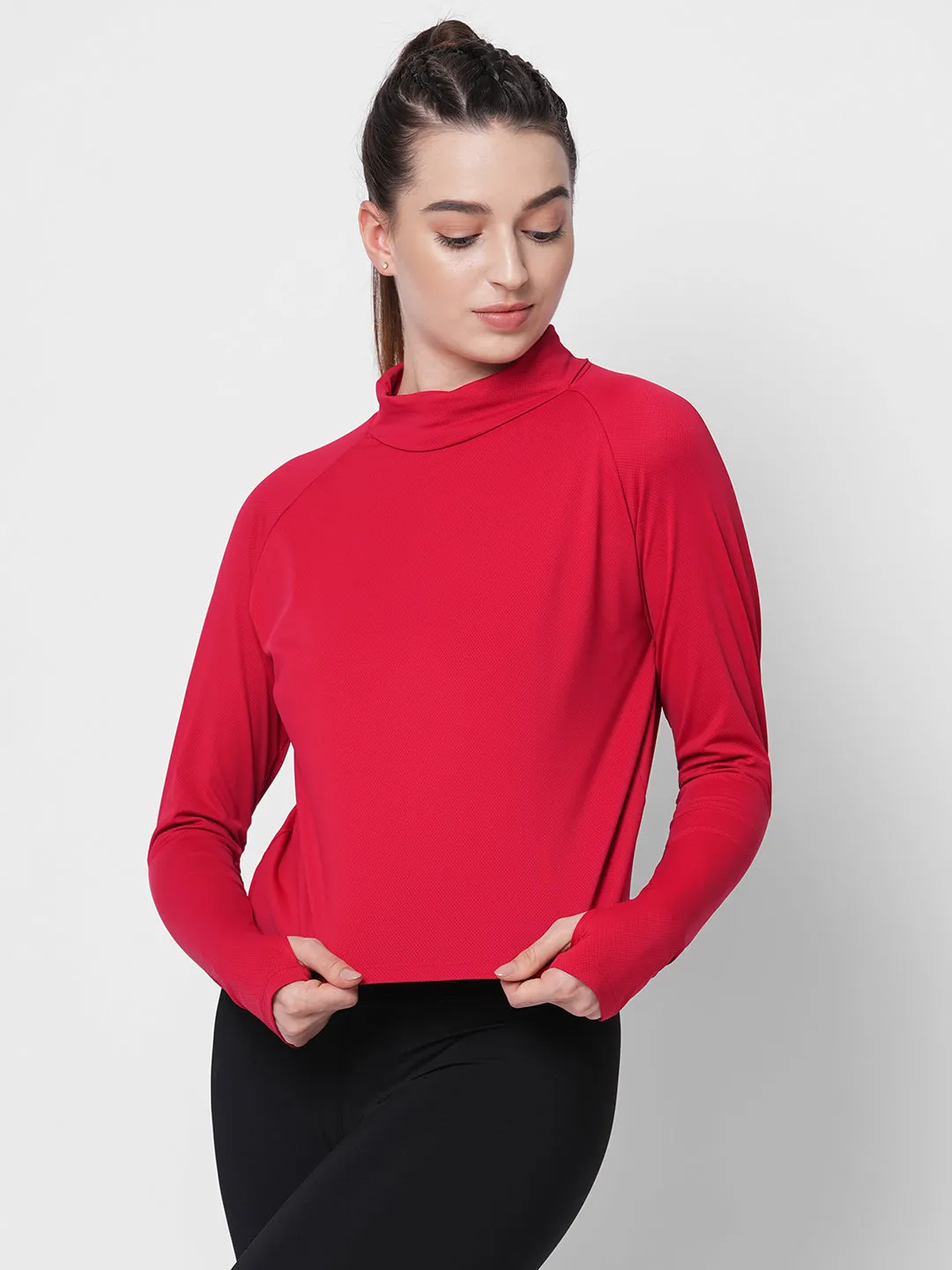 Fitkin women red self design turtle neck long sleeve top
