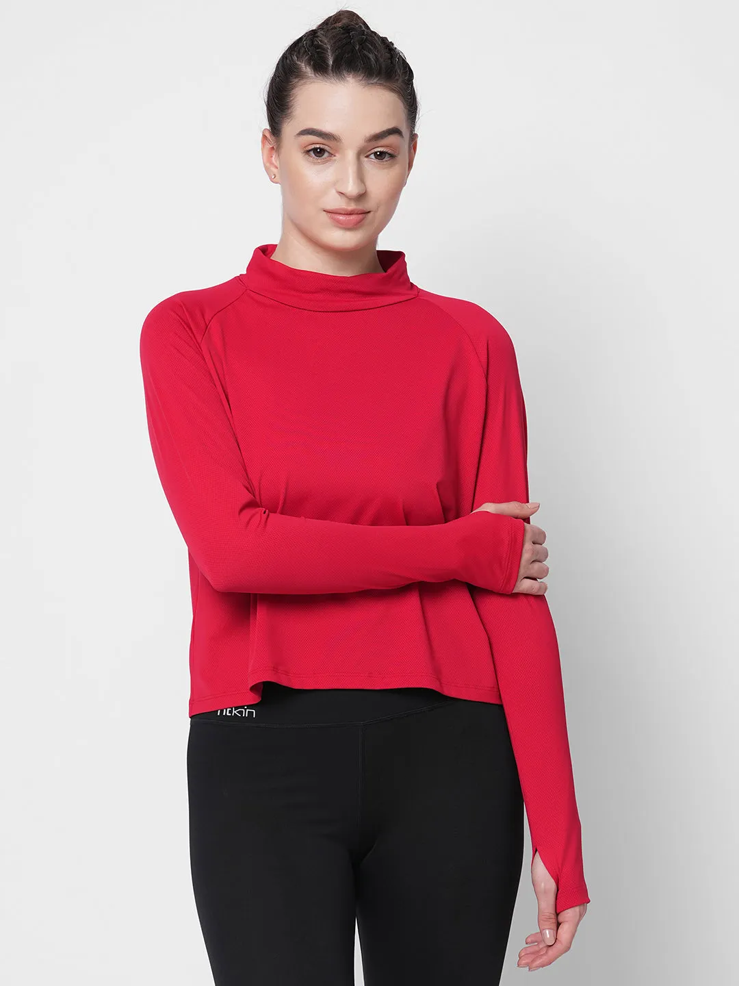 Fitkin women red self design turtle neck long sleeve top