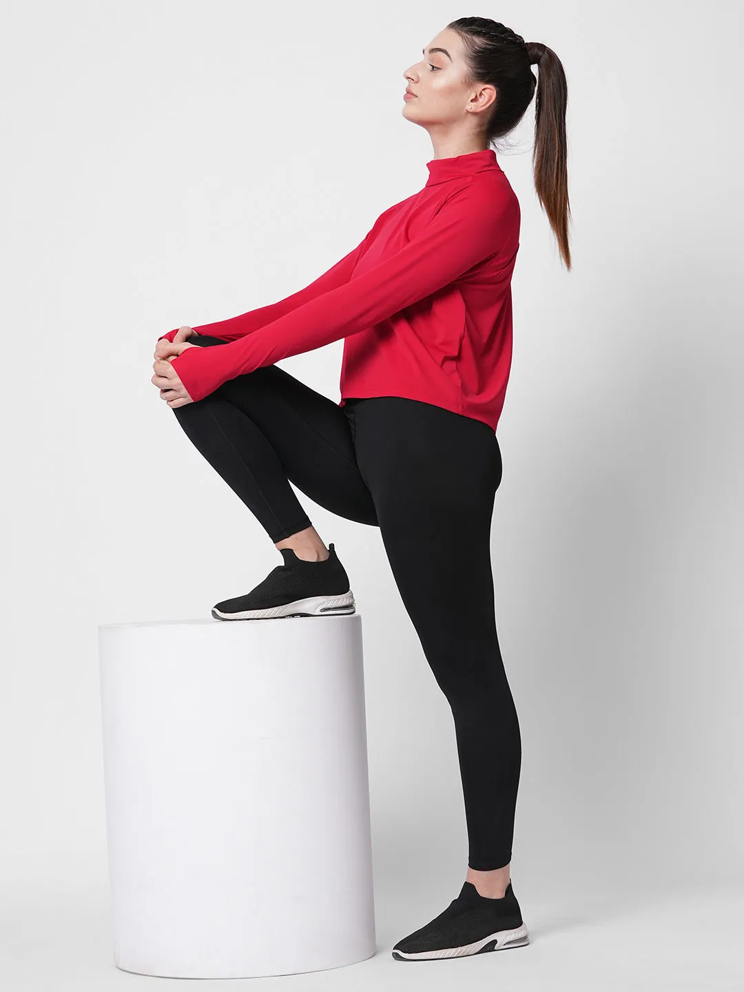 Fitkin women red self design turtle neck long sleeve top